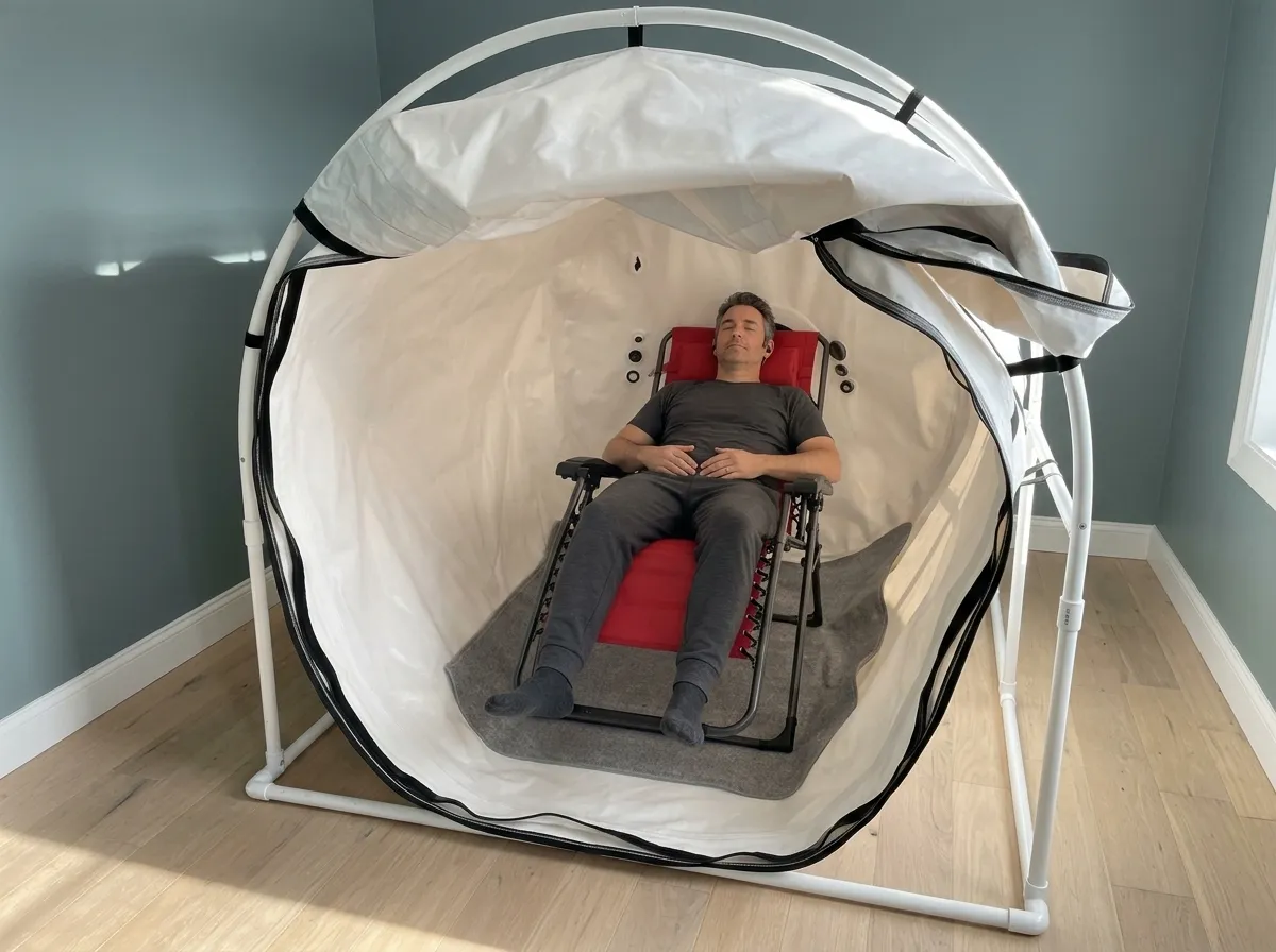 A man resting with his eyes closed in a reclining chair inside an open, soft-sided hyperbaric chamber at home.