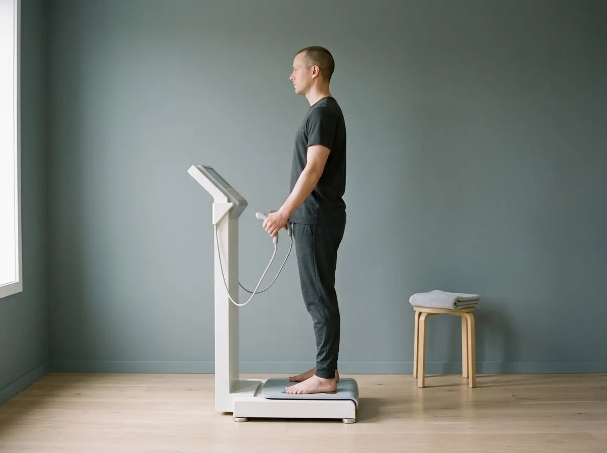 A person standing barefoot on a body composition scanner, holding its hand grips.