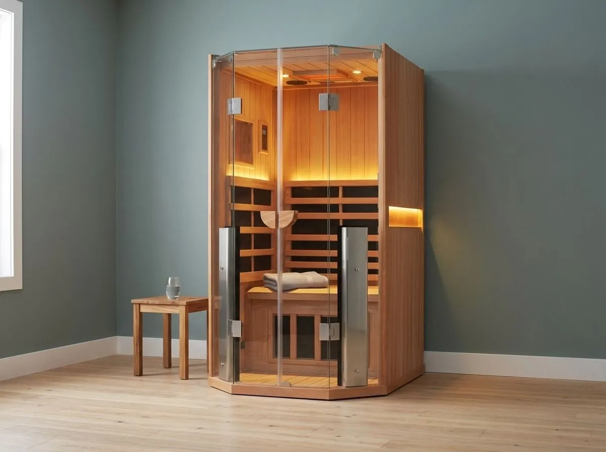 A one-person infrared sauna with a glass front and warm light inside, in a quiet room with a grey-teal wall.