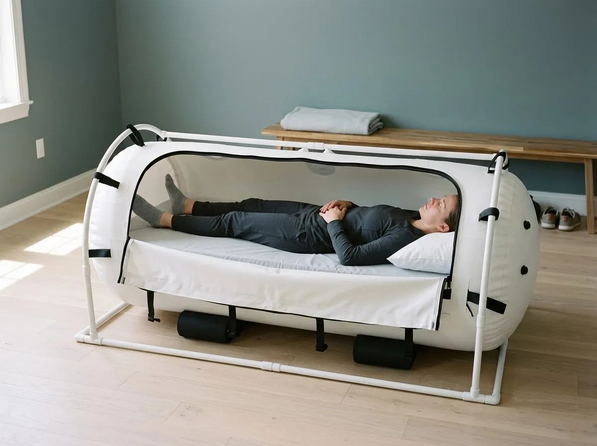 A person lying on their back inside a white inflated hyperbaric chamber, its side zip open, in a room with a grey-teal wall.